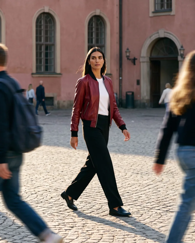 The model wearing the red leather bomber on a sunlit plaza
