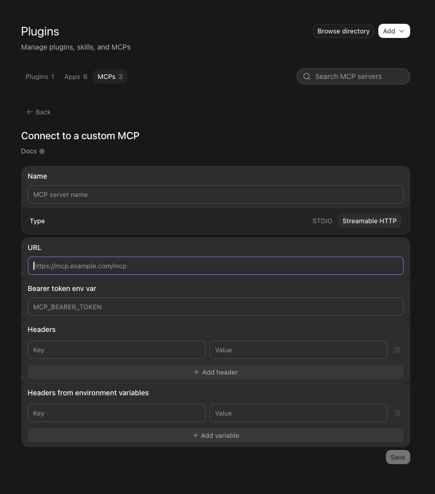 ChatGPT for Mac · Settings → Plugins → MCPs → Add