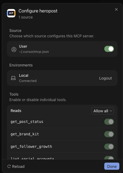 Cursor · heropost, connected