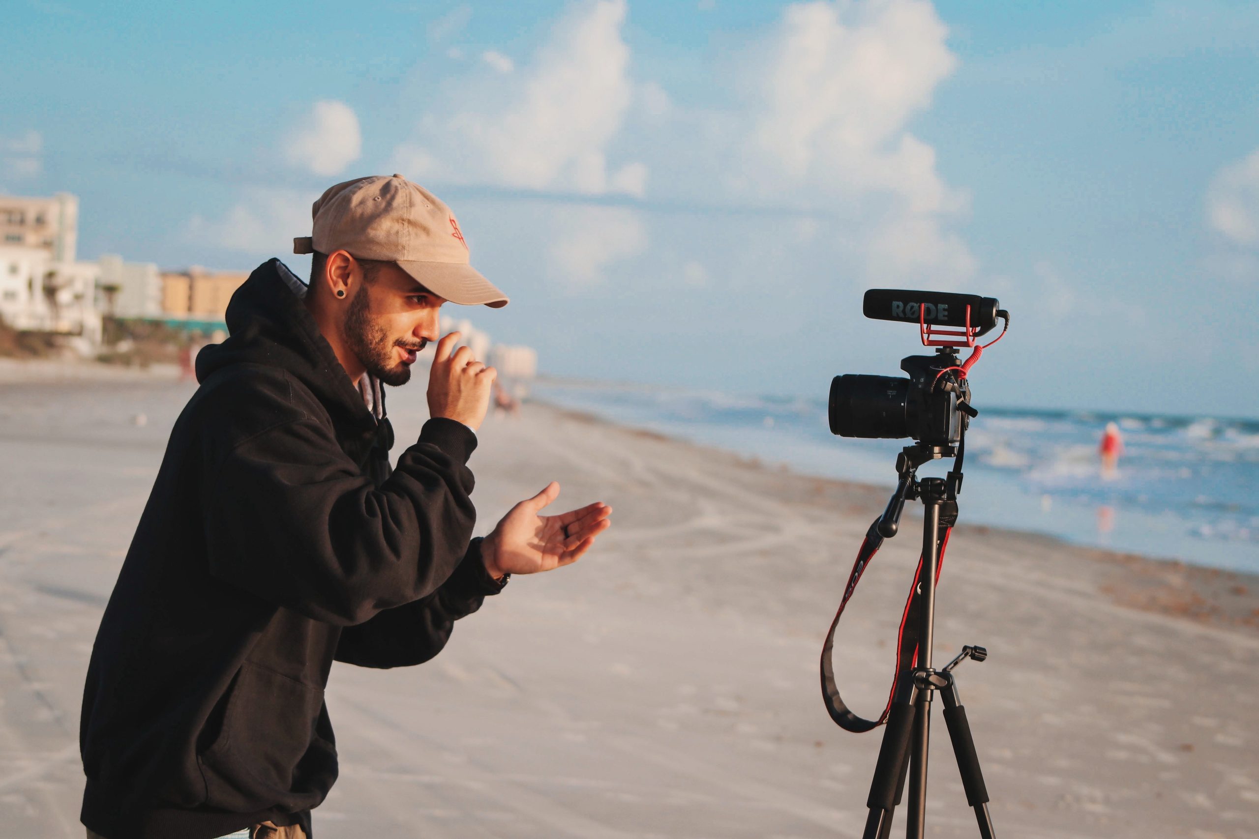 Filming on a beach with a camera