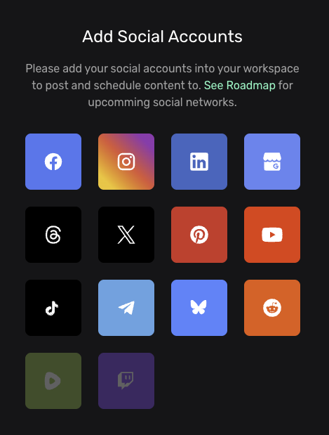 Add Social Accounts modal with one-click connect buttons for every network