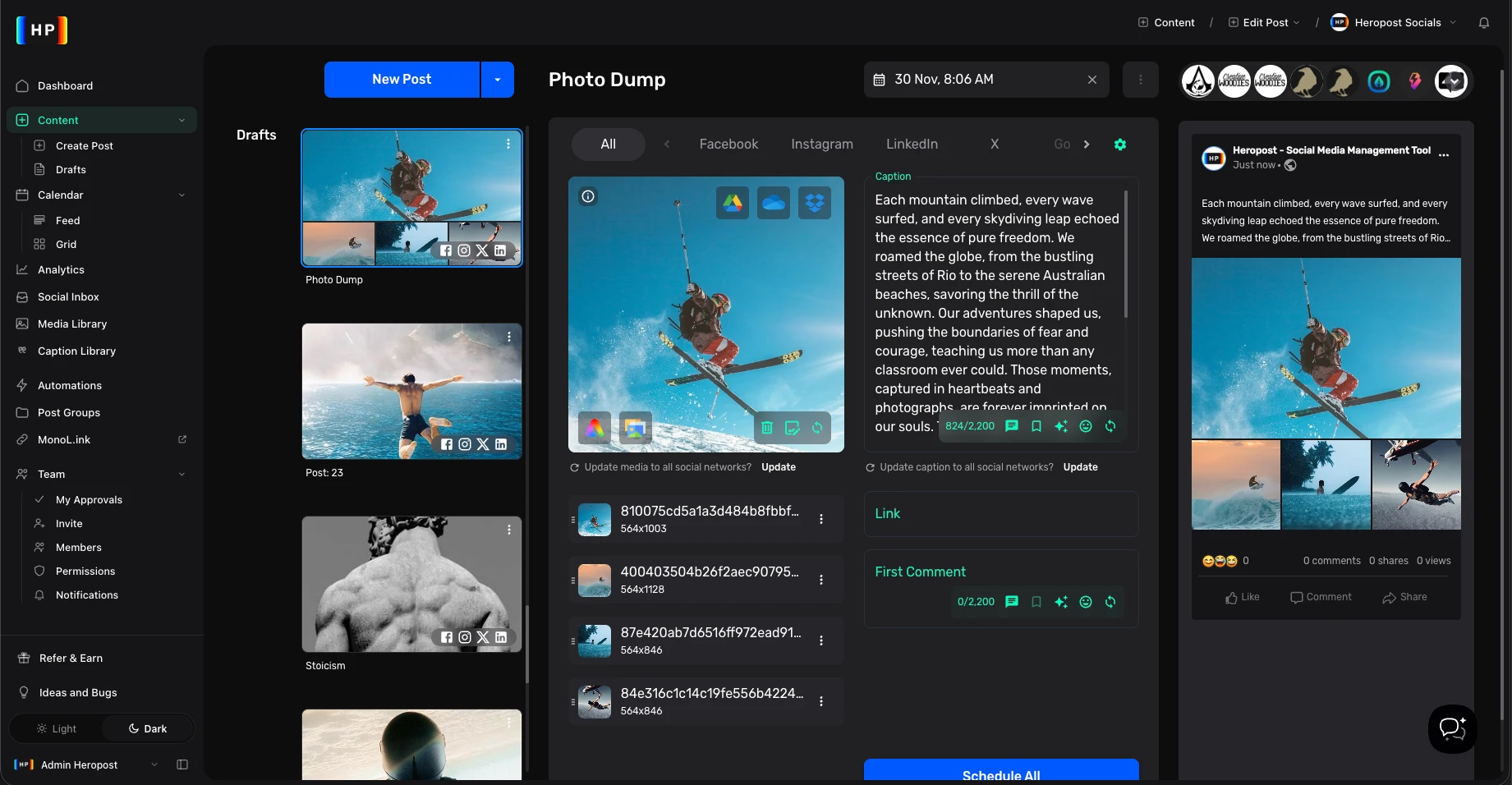 Heropost dashboard in dark mode — post editor with caption, media and per-network preview