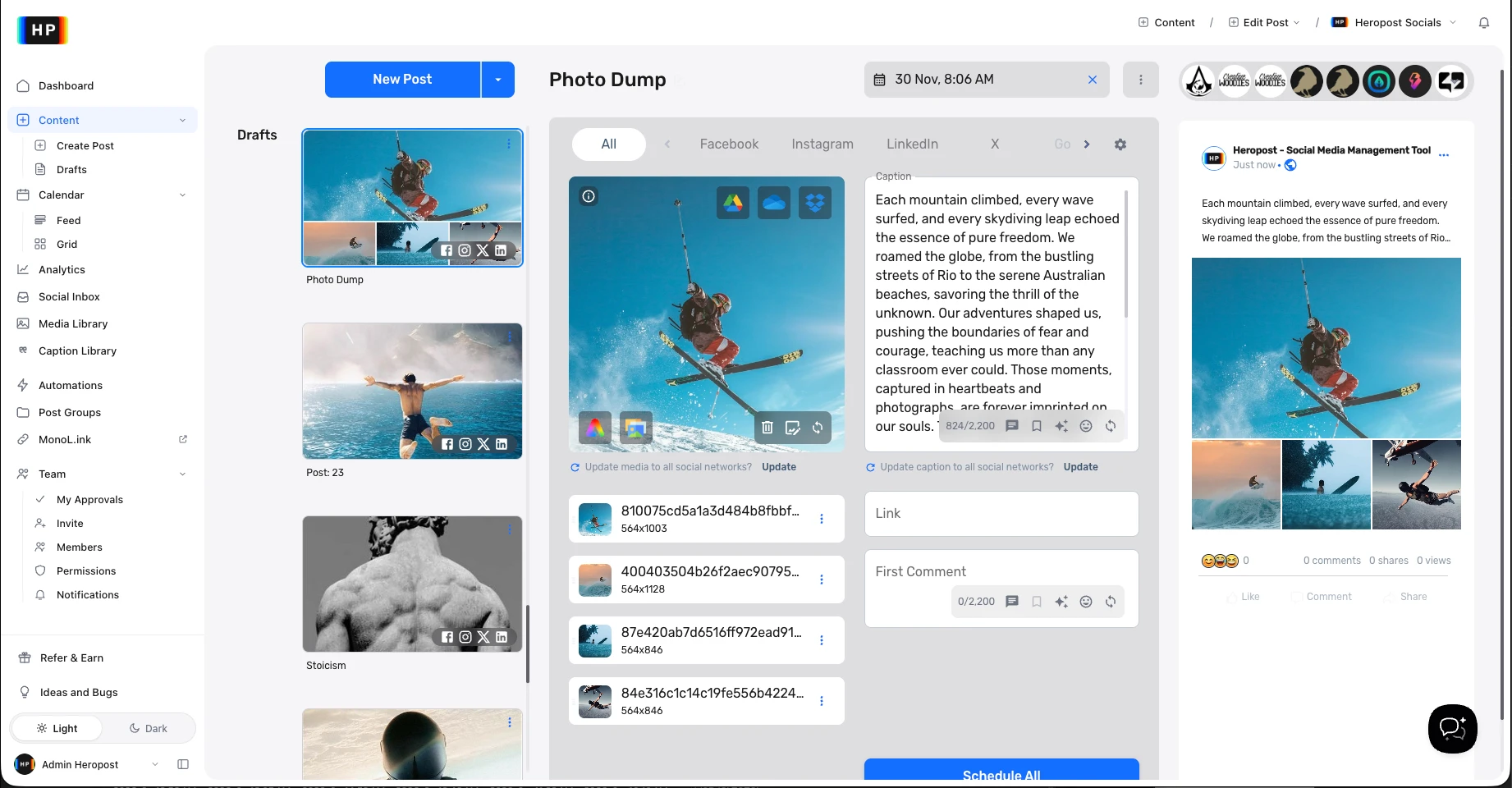 Heropost dashboard in light mode — same post editor view