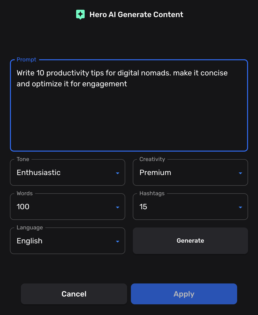 HeroAI Generate Content panel — prompt, tone, creativity, word count, hashtags and language controls