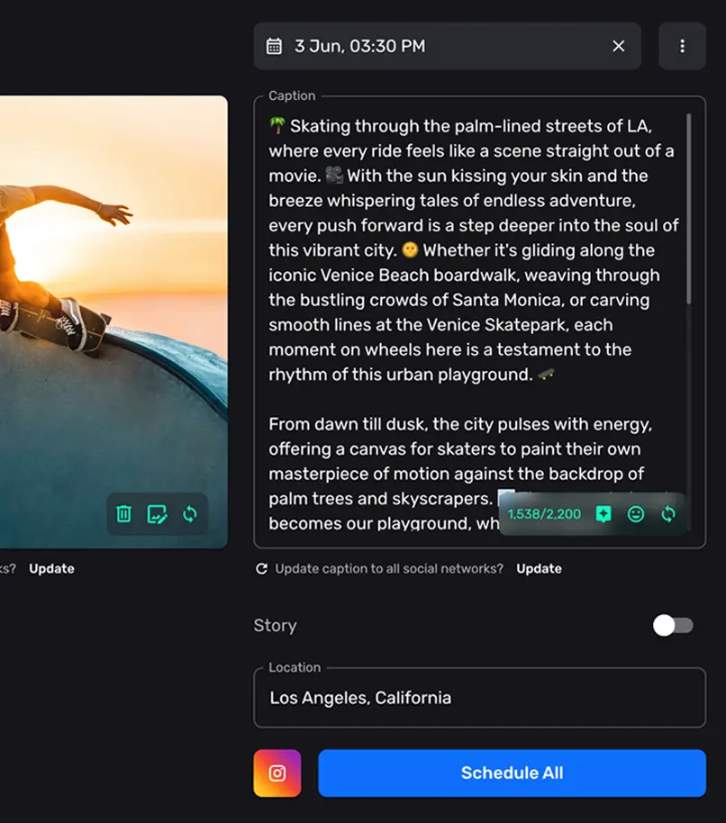 Scheduling a post with an AI-written caption — story toggle, location and Schedule All