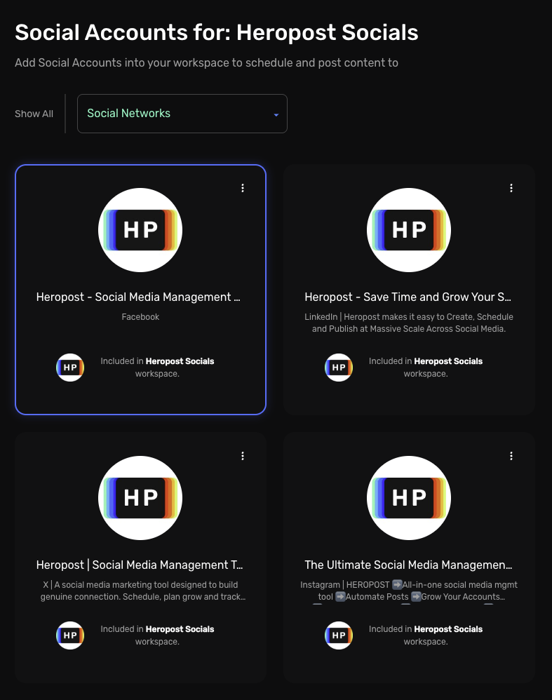 Social Accounts dashboard — connected Facebook, LinkedIn, X and Instagram profiles in one grid