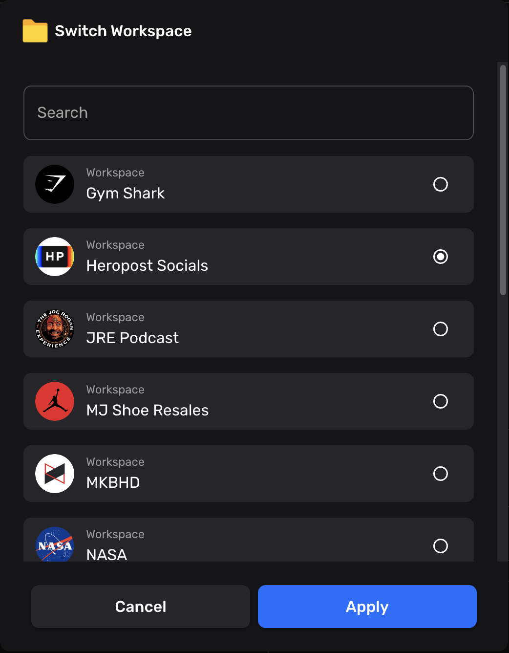 Switch Workspace modal with search and one-click workspace selection