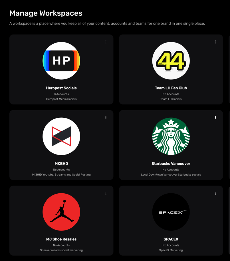Manage Workspaces grid — Heropost Socials, Team LH Fan Club, MKBHD, Starbucks Vancouver, MJ Shoe Resales and SpaceX workspaces